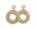 Pearl Stud Earrings with Rattan Circle