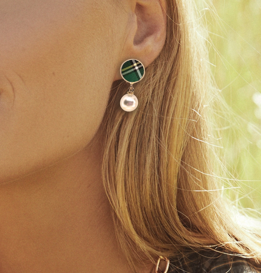 Green Plaid Studs with Drop Pearls picture