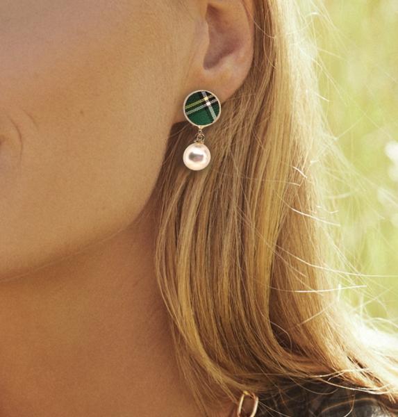 Green Plaid Studs with Drop Pearls picture