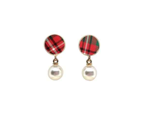 Red Plaid Studs with Drop Pearls