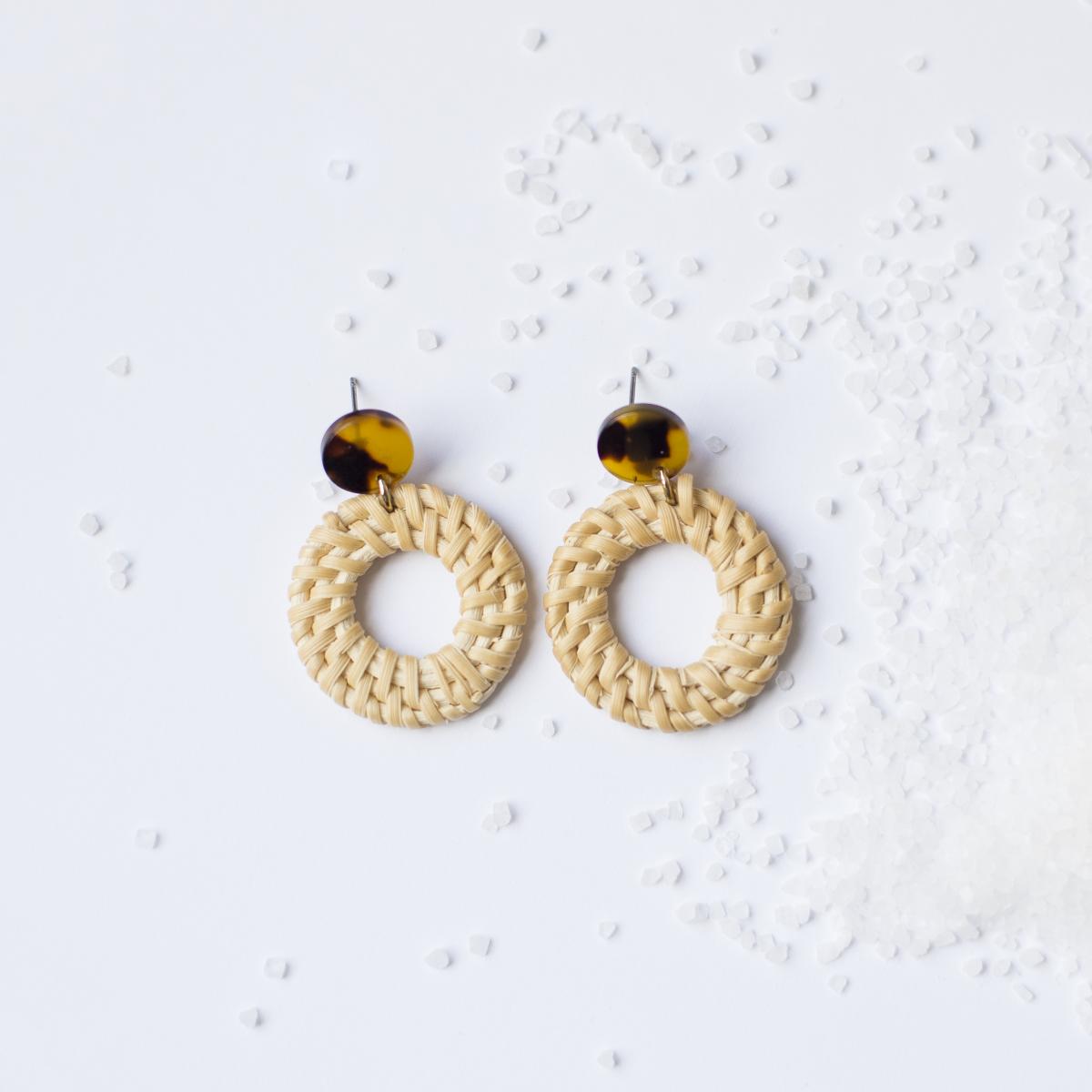 Tortoise Stud Earrings with Rattan Charm picture