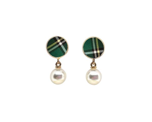 Green Plaid Studs with Drop Pearls