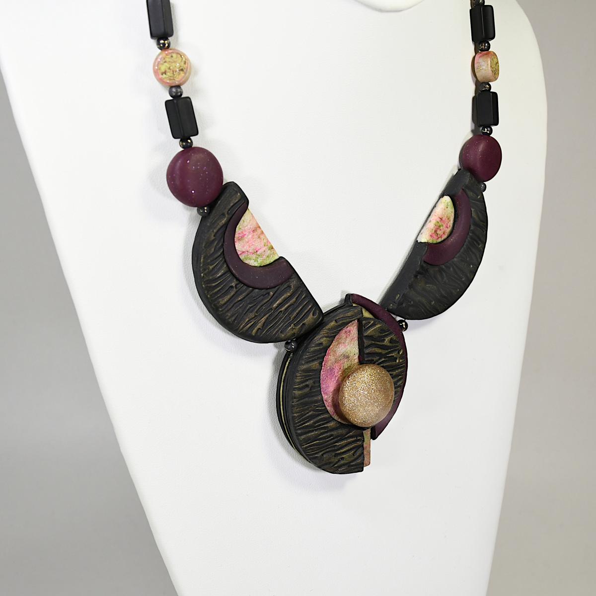 N20-12 Polymer Clay and Black Onyx Semi-Precious Stone Necklace picture
