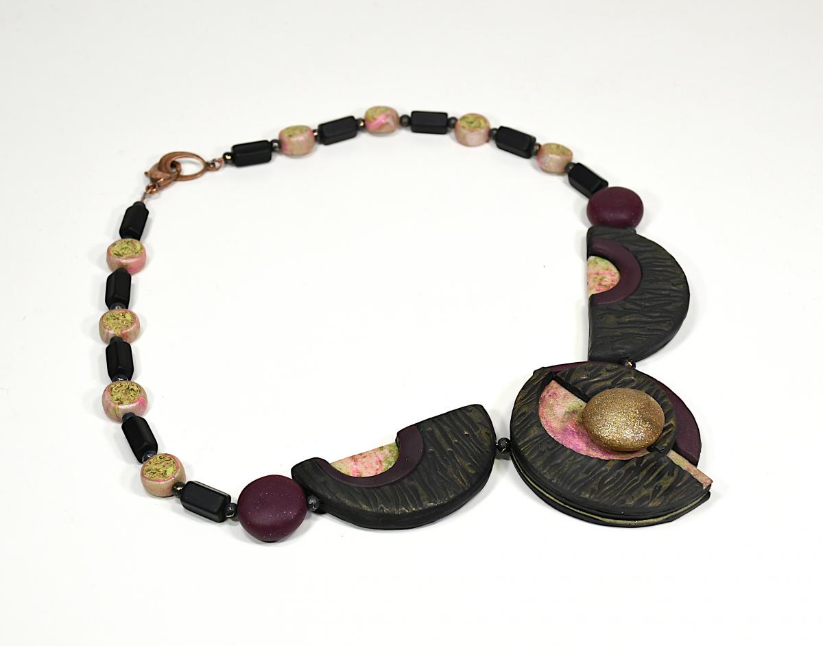 N20-12 Polymer Clay and Black Onyx Semi-Precious Stone Necklace picture