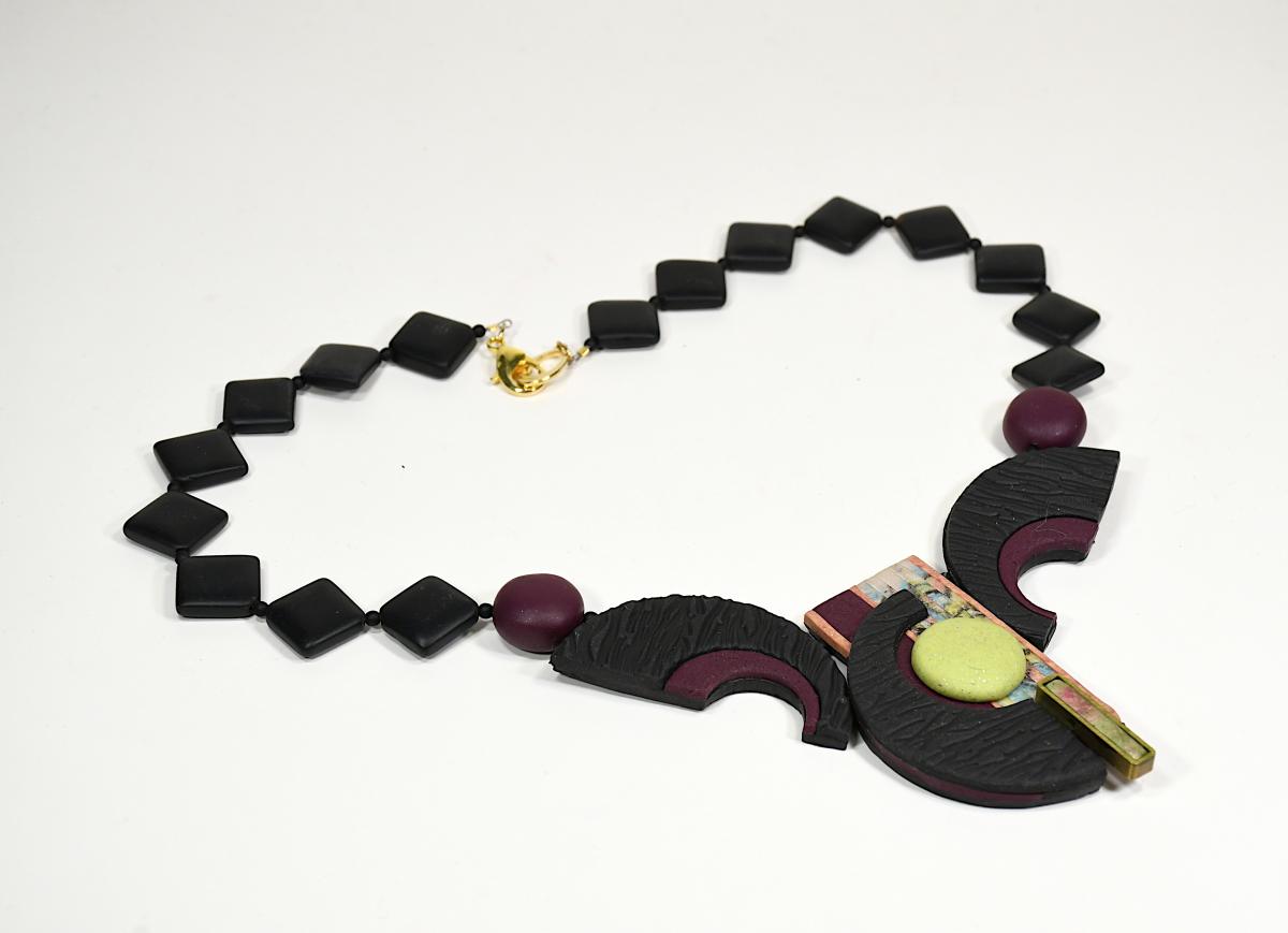 N20-11 Polymer Clay and Black Onyx Semi-Precious Stone Necklace picture