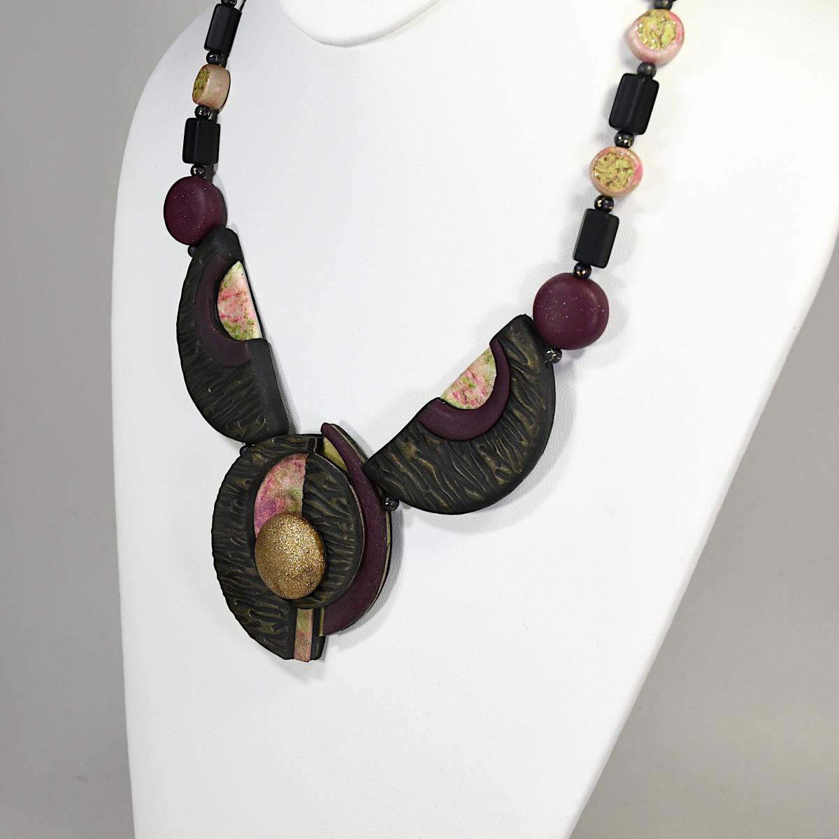 N20-12 Polymer Clay and Black Onyx Semi-Precious Stone Necklace picture