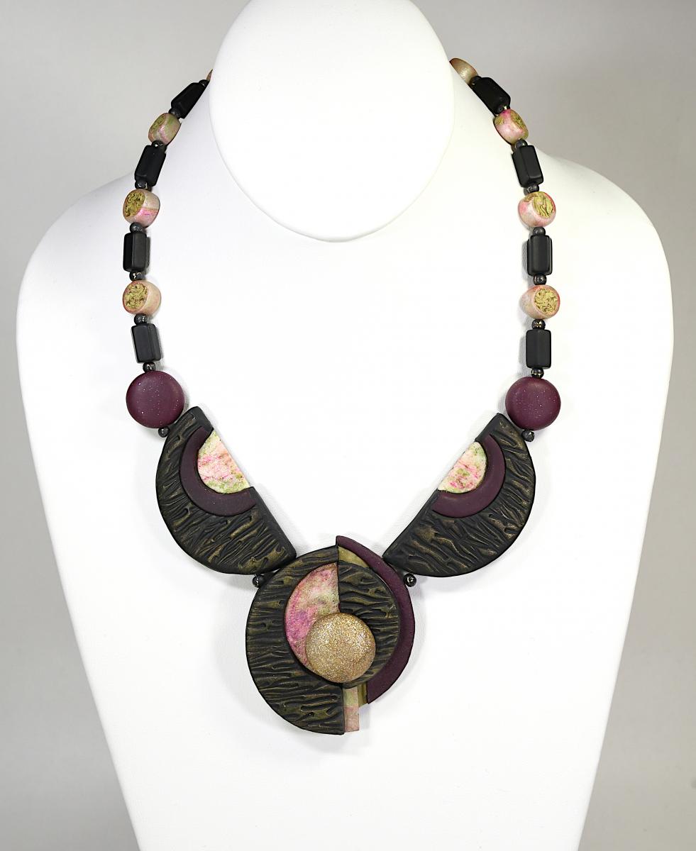 N20-12 Polymer Clay and Black Onyx Semi-Precious Stone Necklace picture