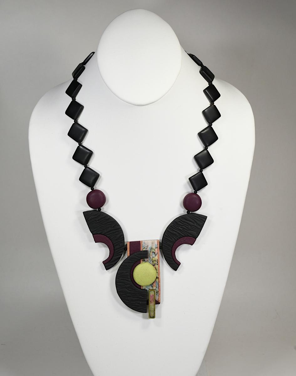 N20-11 Polymer Clay and Black Onyx Semi-Precious Stone Necklace picture