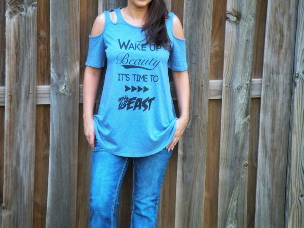 Wake Up Beauty It's Time To Beast Cold Shoulder Jersey Top picture