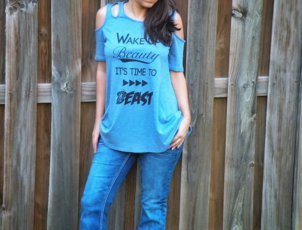 Wake Up Beauty It's Time To Beast Cold Shoulder Jersey Top picture