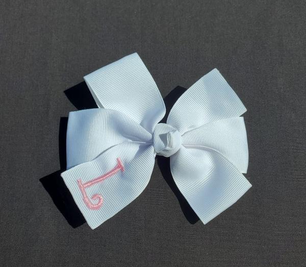 White/Pink Monogrammed Hair Bow picture