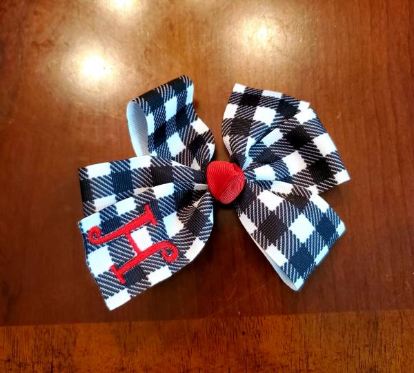 Black and White Buffalo Plaid Momogrammed Hair Bow