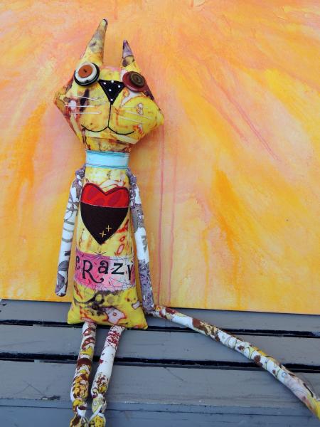 2-Sided Hand Printed & Dyed Fabric TALL Cat Art Doll, One-of-a-kind Mixed Media Art Doll – CRAZY picture