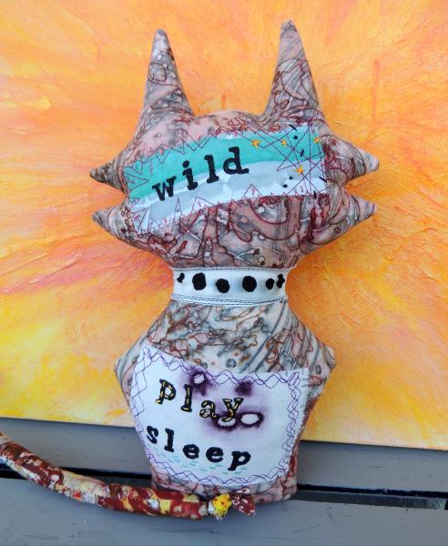 2-Sided Hand Printed & Dyed Fabric Cat Art Doll, One-of-a-kind Mixed Media Art Doll picture