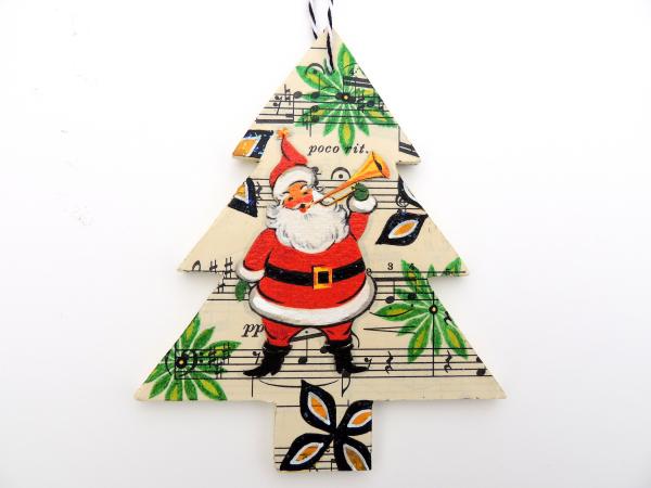 2-Sided Mixed Media Vintage Holiday Art Bugle Santa Christmas Tree Ornament