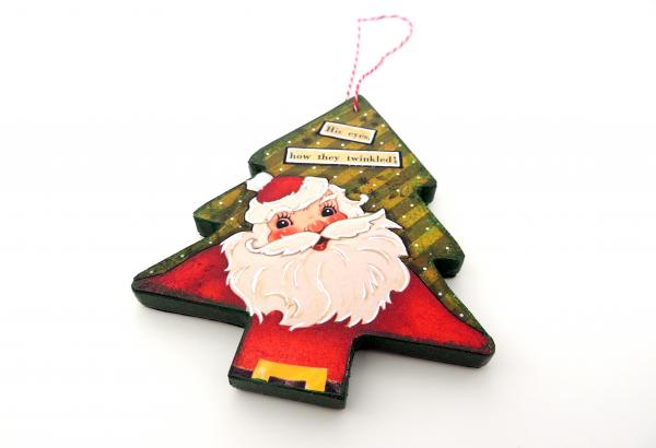 2-Sided Mixed Media Vintage Holiday Art Santa Christmas Tree Ornament picture