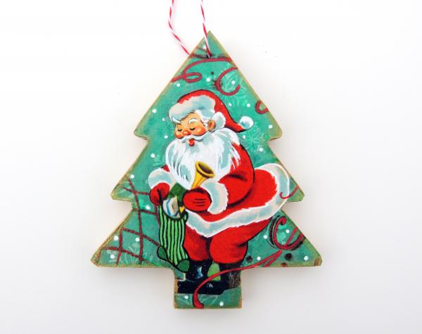 2-Sided Mixed Media Vintage Holiday Art Santa with Stocking Christmas Ornament