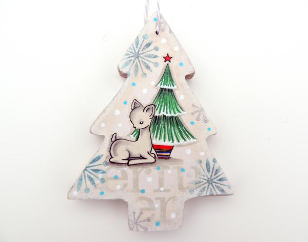 2-Sided Mixed Media Vintage Holiday Art Reindeer Christmas Tree Ornament picture