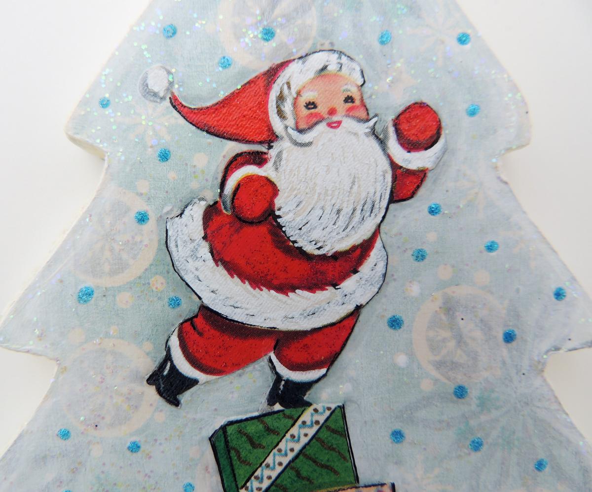 2-Sided Mixed Media Vintage Holiday Art Santa with Presents Christmas Tree Ornament picture