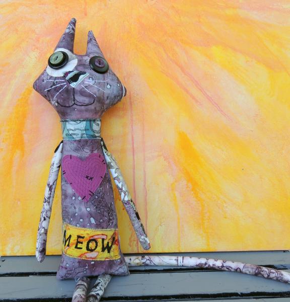 2-Sided Hand Printed & Dyed Fabric TALL Cat Art Doll, One-of-a-kind Mixed Media Art Doll – MEOW picture