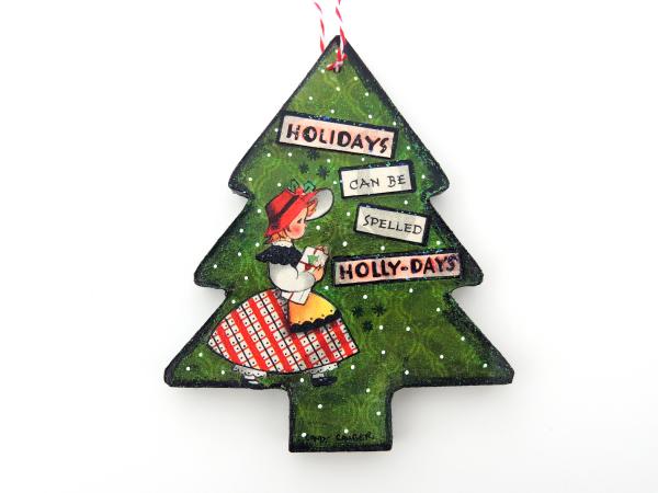 2-Sided Mixed Media Vintage Holiday Art Sweet Girl Christmas Tree Ornament picture