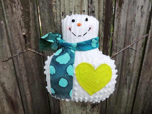 Happy Vintage Chenille Snowman Ornament – Teal Dots picture