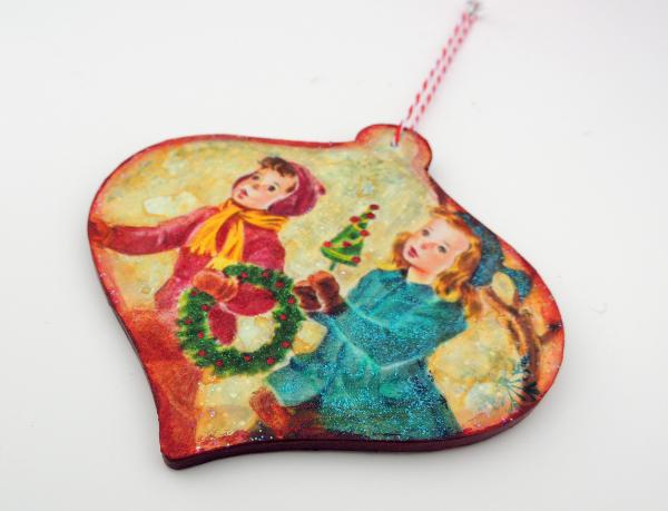 2-Sided Mixed Media Vintage Holiday Art Children Christmas Tree Ornament picture