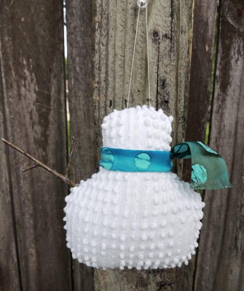 Happy Vintage Chenille Snowman Ornament – Teal Dots picture