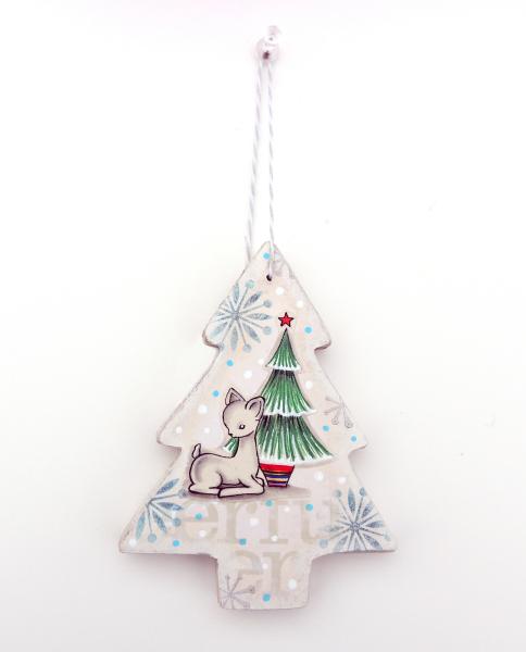 2-Sided Mixed Media Vintage Holiday Art Reindeer Christmas Tree Ornament picture