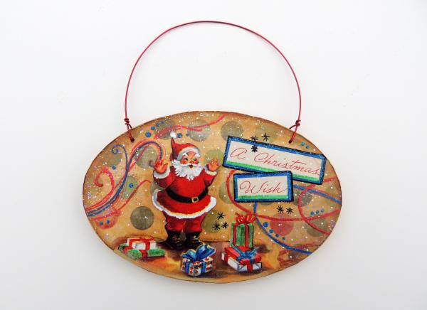 2-Sided Mixed Media Vintage Holiday Art Santa Christmas Wish Ornament