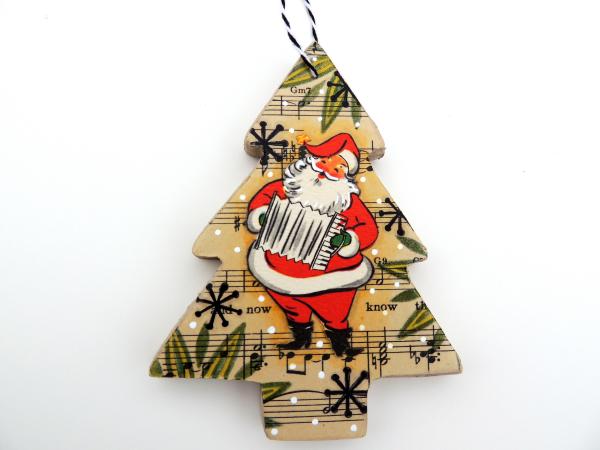 2-Sided Mixed Media Vintage Holiday Art Accordion Santa Christmas Tree Ornament picture