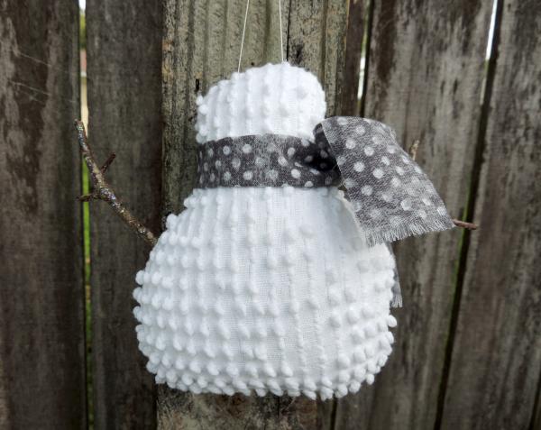 Happy Vintage Chenille Snowman Ornament – Gray Polka Dot Scarf picture