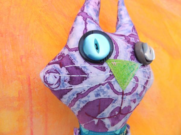 2-Sided Hand Printed & Dyed Fabric TALL Cat Art Doll, One-of-a-kind Mixed Media Art Doll picture