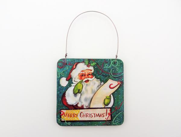 2-Sided Mixed Media Vintage Holiday Art Santa with List Christmas Ornament