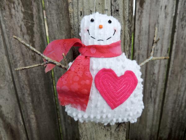 Happy Vintage Chenille Snowman Ornament – Pink Scarf picture