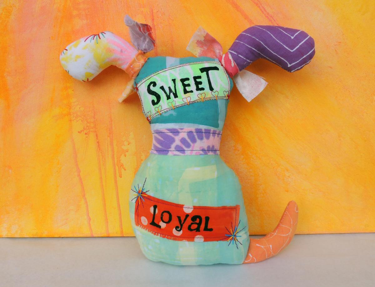 2-Sided Hand Printed & Dyed Fabric Dog Art Doll, One-of-a-kind Mixed Media Art Doll picture