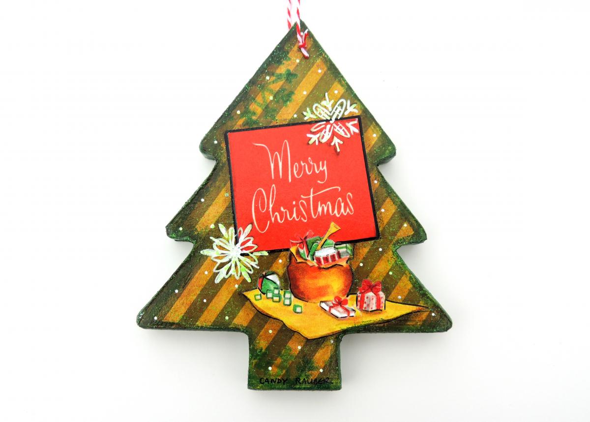 2-Sided Mixed Media Vintage Holiday Art Santa Christmas Tree Ornament picture