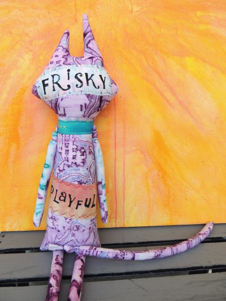 2-Sided Hand Printed & Dyed Fabric TALL Cat Art Doll, One-of-a-kind Mixed Media Art Doll picture