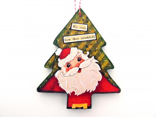 2-Sided Mixed Media Vintage Holiday Art Santa Christmas Tree Ornament picture