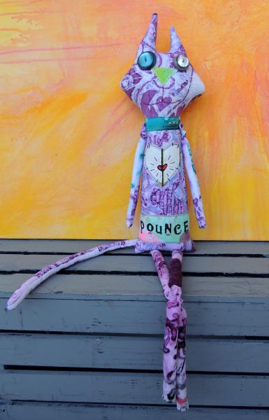 2-Sided Hand Printed & Dyed Fabric TALL Cat Art Doll, One-of-a-kind Mixed Media Art Doll picture