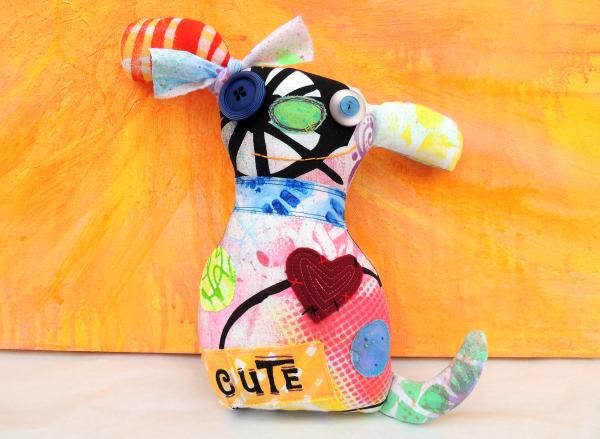 2-Sided Hand Printed & Dyed Fabric Dog Art Doll, One-of-a-kind Mixed Media Art Doll - Cute picture