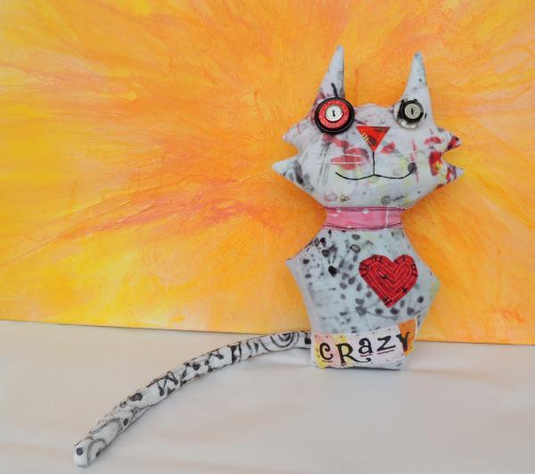 2-Sided Hand Printed & Dyed Fabric Cat Art Doll, One-of-a-kind Mixed Media Art Doll - CRAZY picture