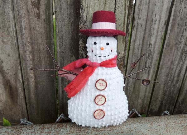 Happy Vintage Chenille Snowman Decoration – Pink Scarf picture