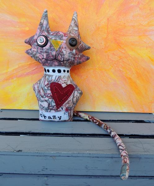 2-Sided Hand Printed & Dyed Fabric Cat Art Doll, One-of-a-kind Mixed Media Art Doll picture