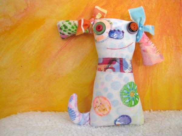 2-Sided Hand Printed & Dyed Fabric Dog Art Doll, Colorful Girl Puppy, Dog Lover gift, One-of-a-Kind Mixed Media Art Doll picture