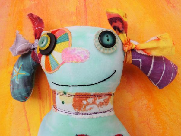 2-Sided Hand Printed & Dyed Fabric Dog Art Doll, Colorful One-of-a-kind Mixed Media Art Doll picture