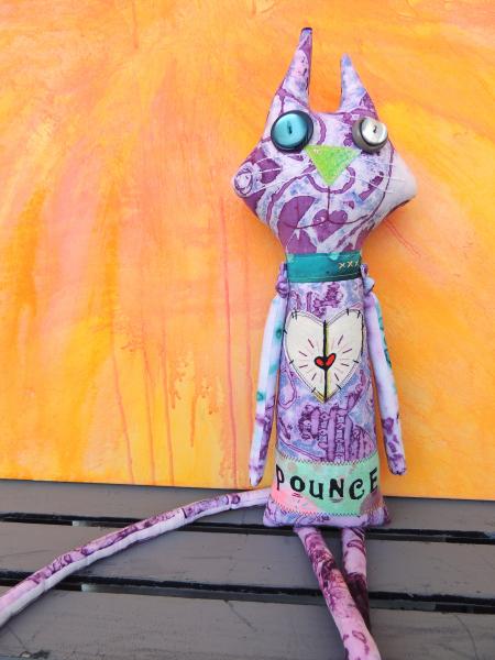 2-Sided Hand Printed & Dyed Fabric TALL Cat Art Doll, One-of-a-kind Mixed Media Art Doll picture