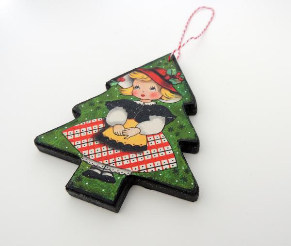 2-Sided Mixed Media Vintage Holiday Art Sweet Girl Christmas Tree Ornament picture
