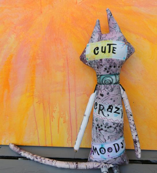 2-Sided Hand Printed & Dyed Fabric TALL Cat Art Doll, One-of-a-kind Mixed Media Art Doll – MEOW picture