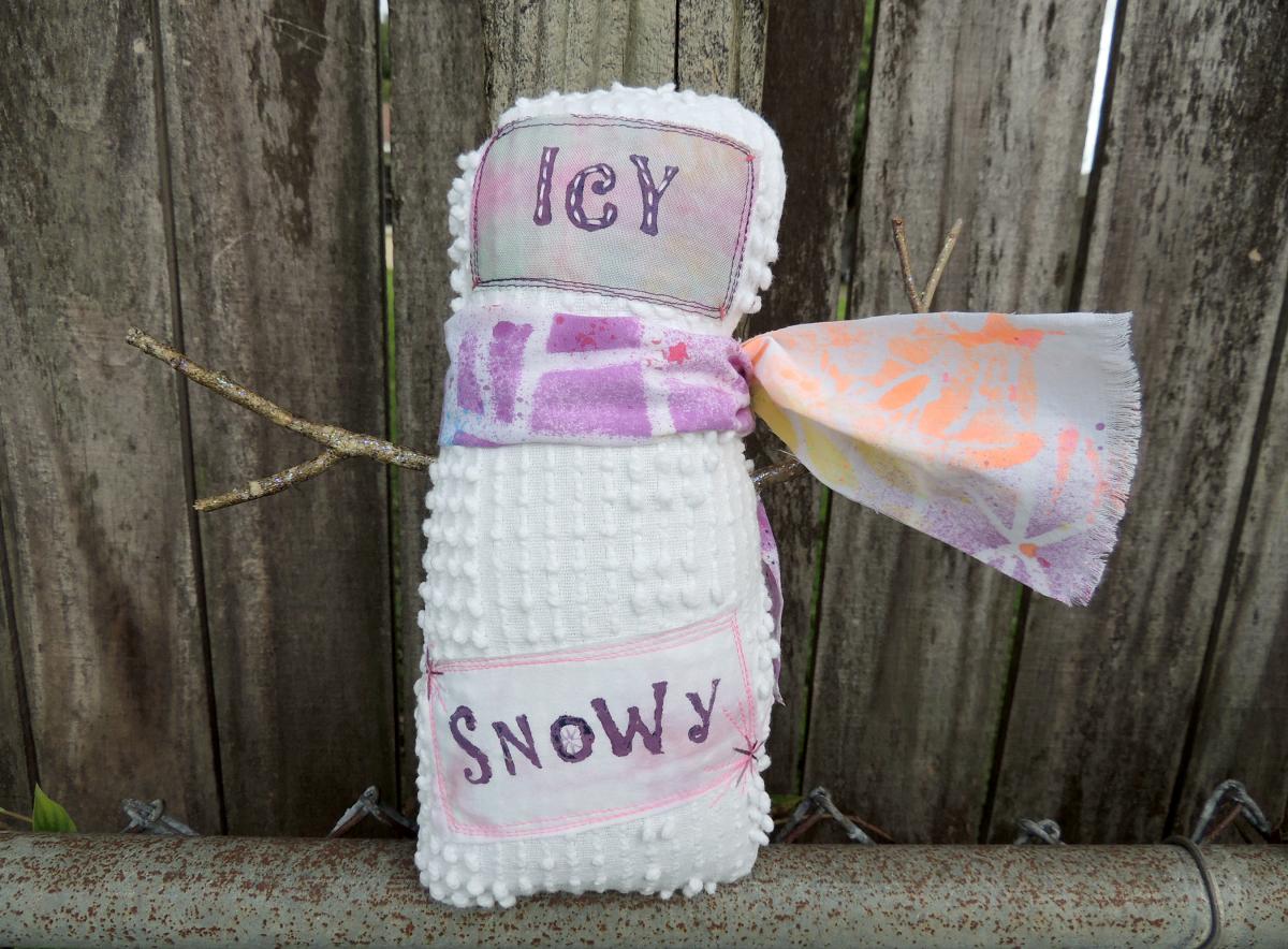 Happy Vintage Chenille Snowman Art Doll – Pink Heart picture